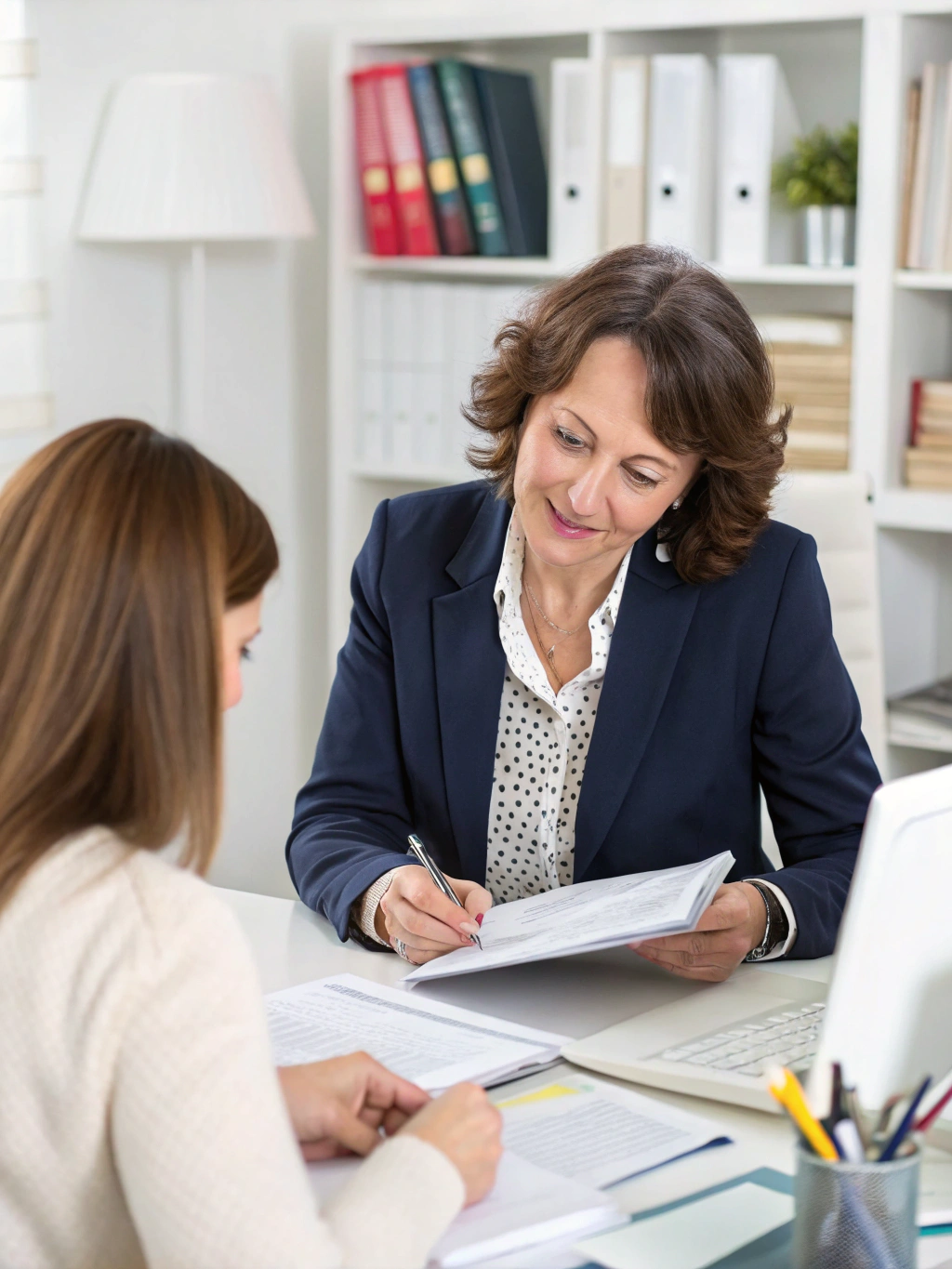Tax advisor reviewing financial records with client in sunlit private office