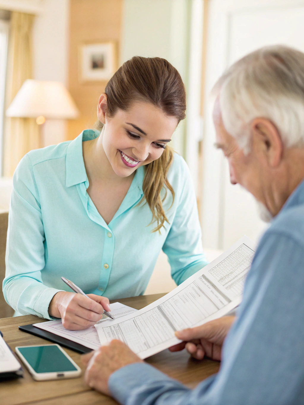 Tax preparer seated at a consultation desk with financial folios in natural daylight